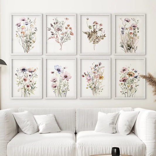Delicate wildflower illustrations in white oak frames, botanical set of 8 for living room