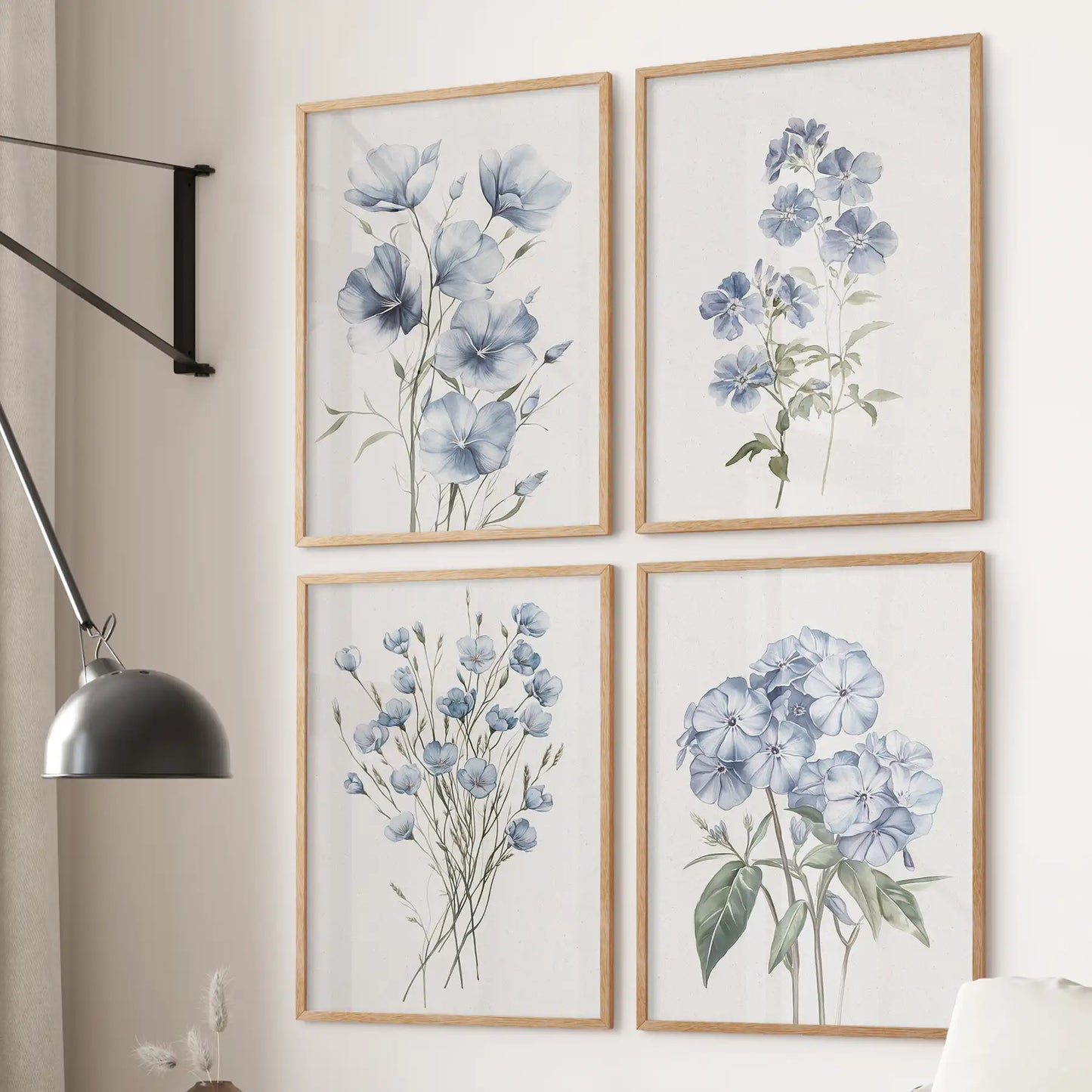 Set of 4 prints modern watercolor light blue flowers. Botanical wall art. Thinwood frames for girly room.
