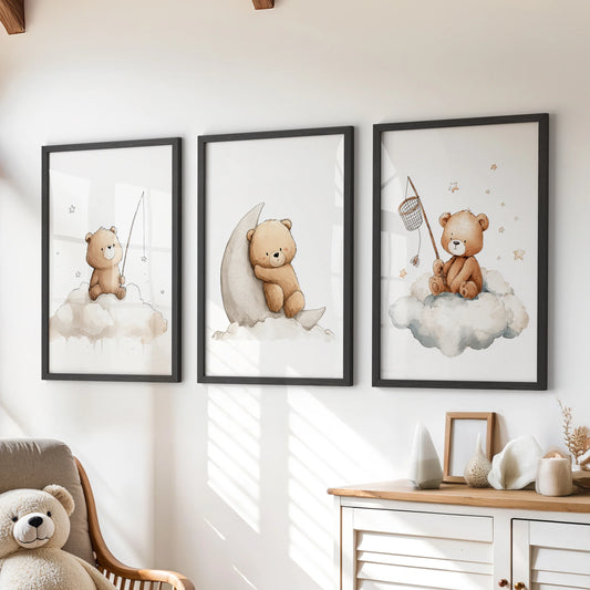 Neutral baby room wall decor with watercolor bears holding stars and fishing from clouds.