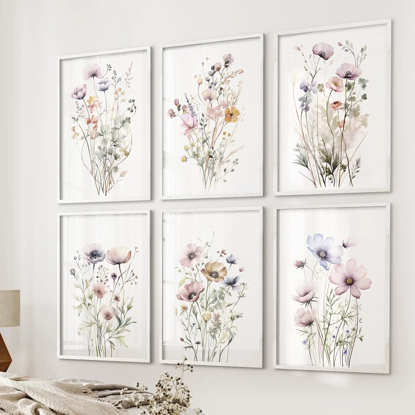 Soft wildflower poster set of 6 in white frames, botanical wall art