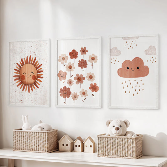 Smiling sun, floral art, and rainy cloud prints in a 3-print wall art set with white frames hung above the playroom storage bench, bringing gentle warmth to the nook.