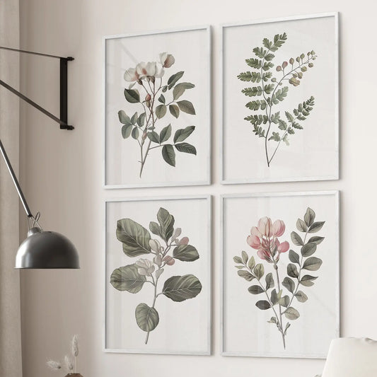 Neutral botanical floral vintage artwork. Rustic plant wall art watercolor set of 4 poster. White frames for kitchen.