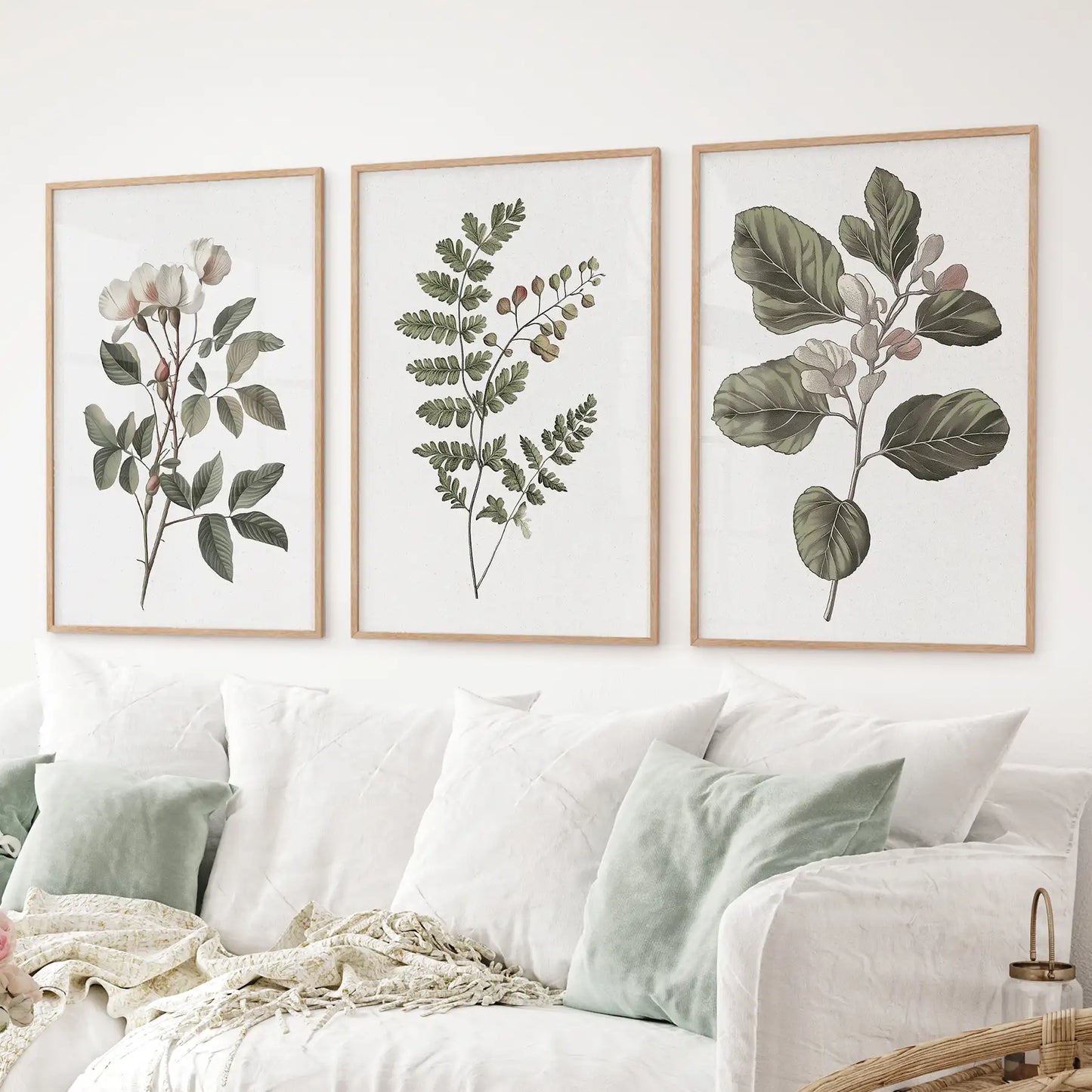 Premium art print. Modern floral apartment decor posters. Thinwood frames above the sofa.