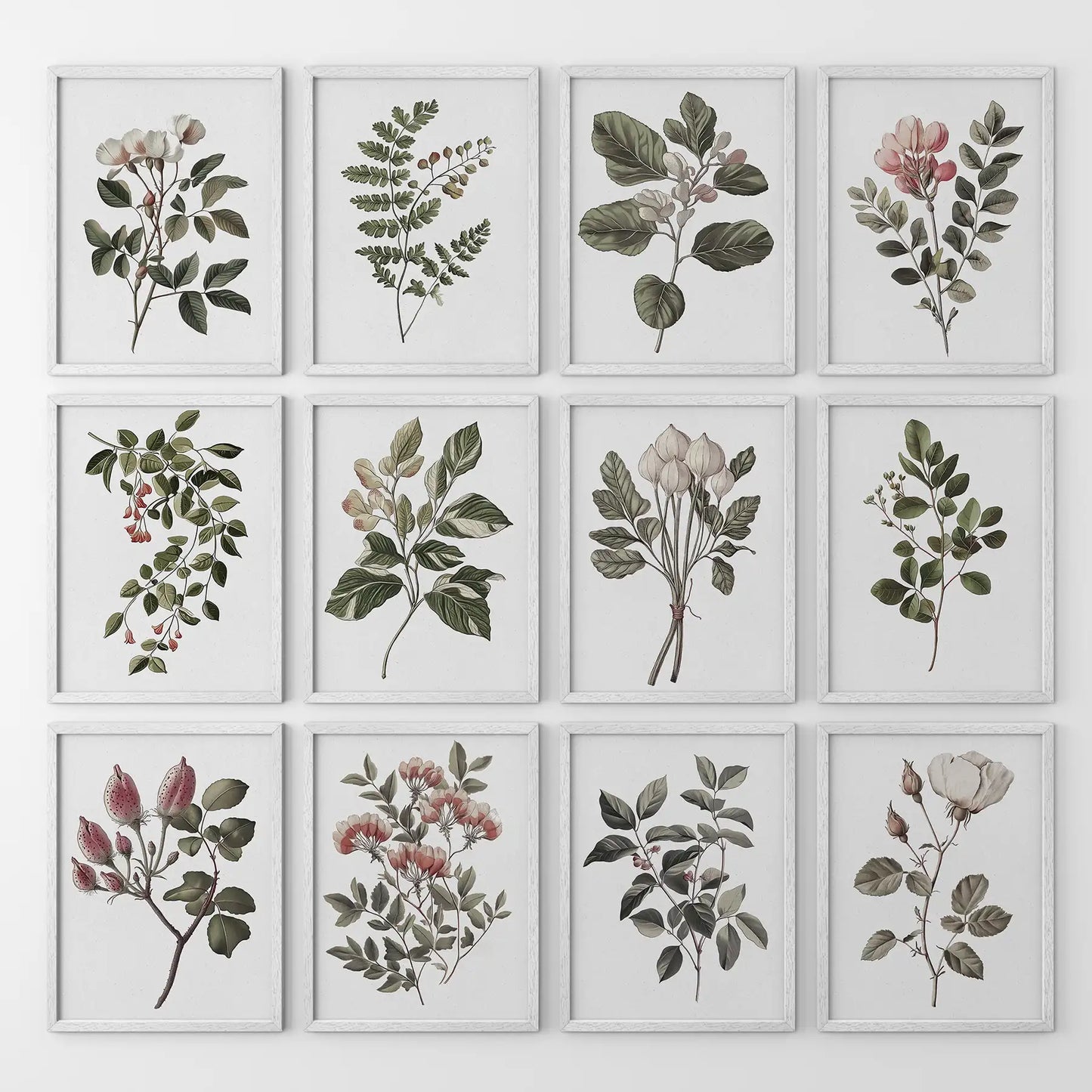 Vintage floral gallery wall natural history art prints. Cotton flower, Magnolia, Rose garden plants poster. White frames for kitchen.