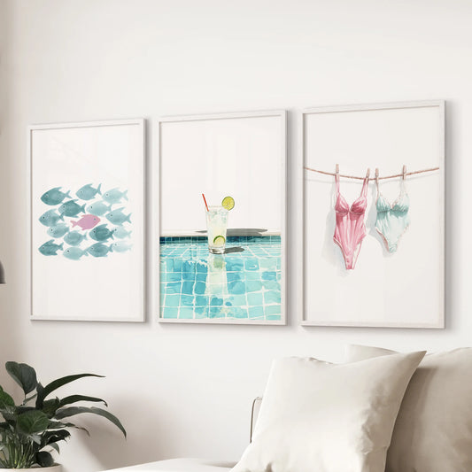 Summer vibes wall art set of three, styled above the sofa in the living room with clean white frames for an easygoing, sunlit coastal feel.