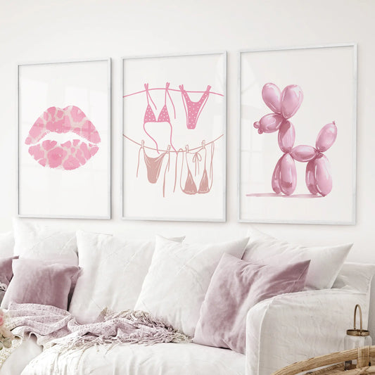 Pink Wall Art Set of 3: Lips, Bikini, Balloon Dog Prints