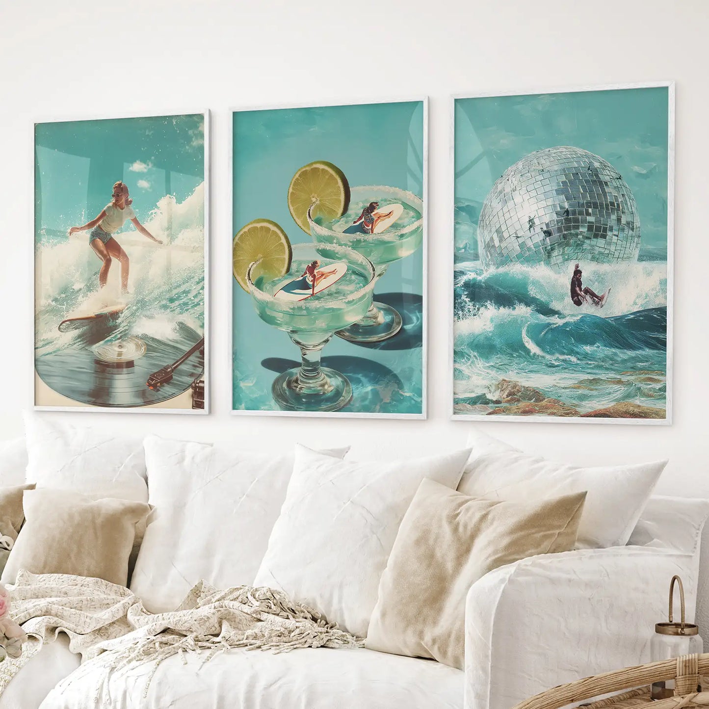 Retro turquoise wall decor with surfing, cocktails, and ocean wave prints. Coastal aesthetic disco beachy set of 3. White frames above the sofa.