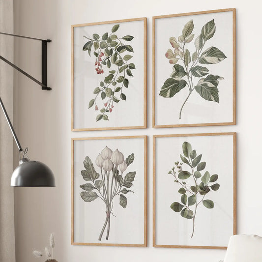 Rustic botanical modern wall art . Apartment wall decor posters. Thinwood frames for living room.