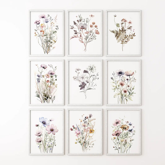 Watercolor wildflower bouquet illustrations. Lavender, Poppy, Anemone floral posters. White frames for kitchen.
