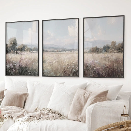Pastel wildflower wall art 3 panel landscape artwork with soft brushstrokes. Black frames for living room.
