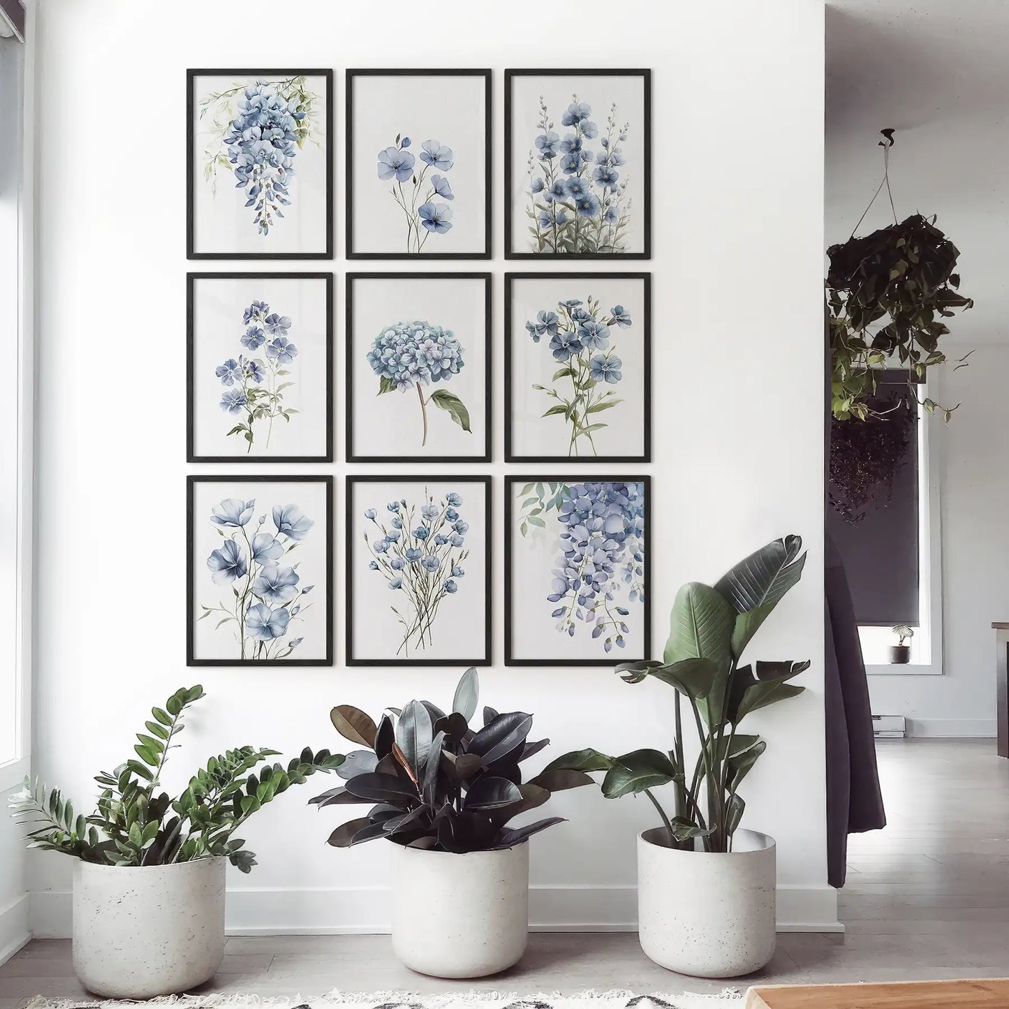 Light blue botanical set of 9 prints. Dorm room posters room decor. Black frames for bedroom.