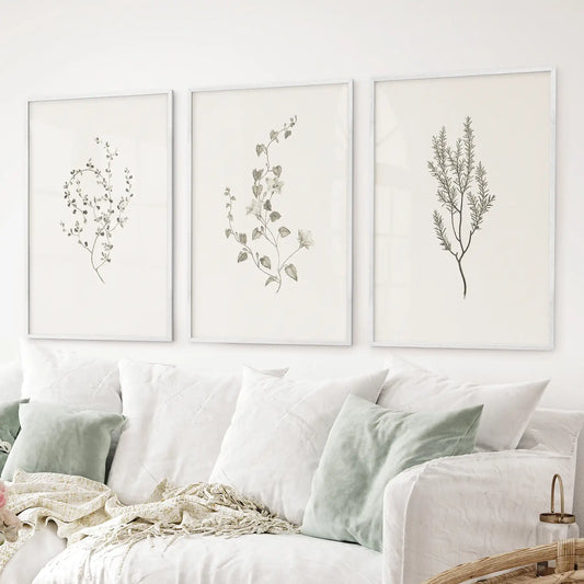 Farmhouse dried floral posters in white frames, herbarium-style wall set of 3