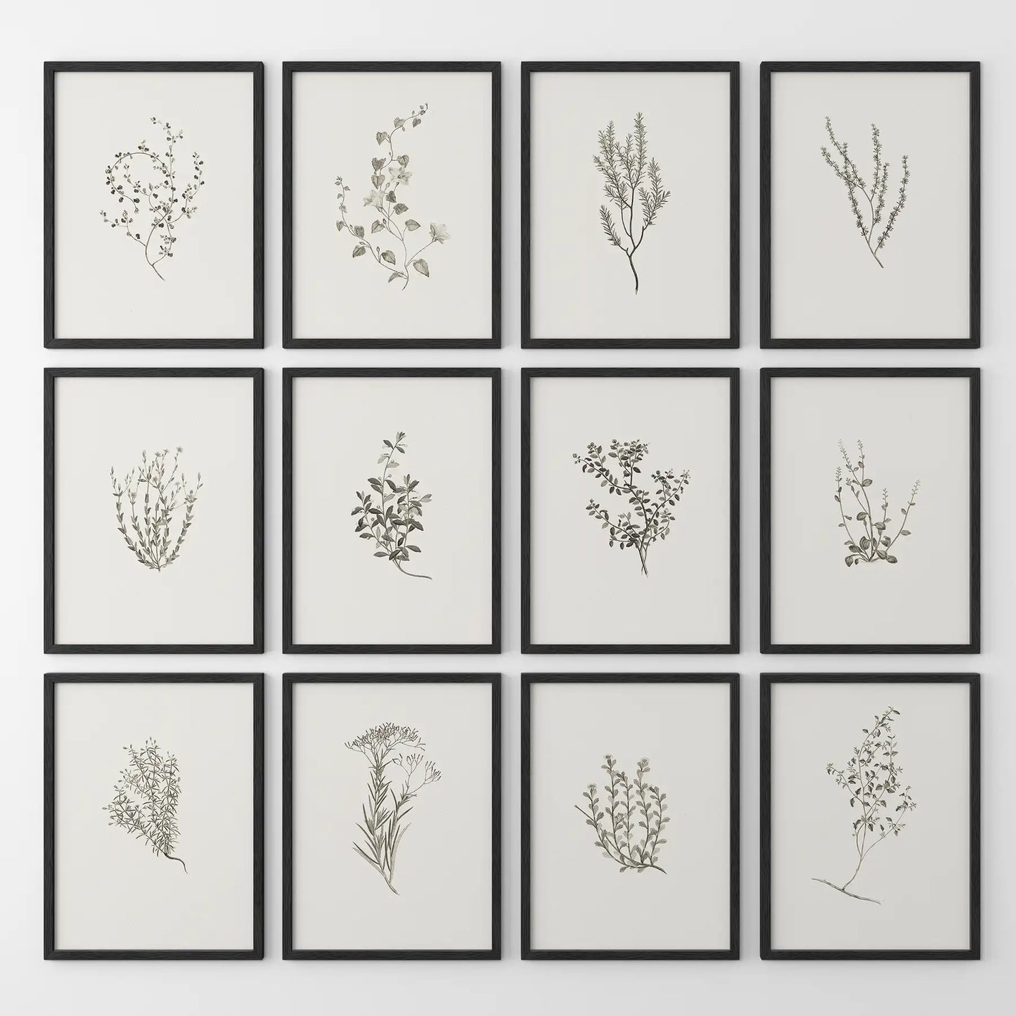Dried flower art neutral apartment wall decor. Simple herb plant posters vintage botanical set of 12. Black frames for living room.