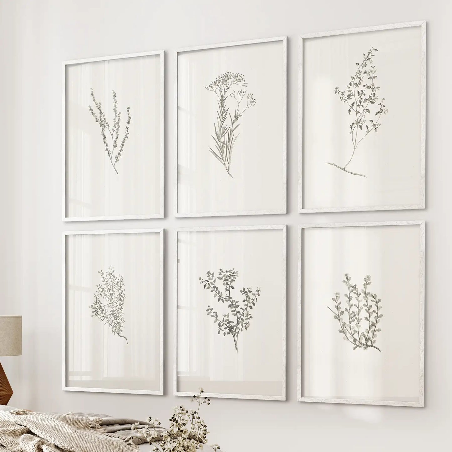 Minimalist farm kitchen art. Vintage garden plants home decor. White frames for bedroom.