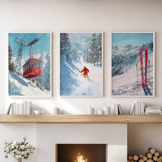 Vintage skiers in motion, a three-print wall art set for the family room, framed in bright white and poised above the fireplace mantel.