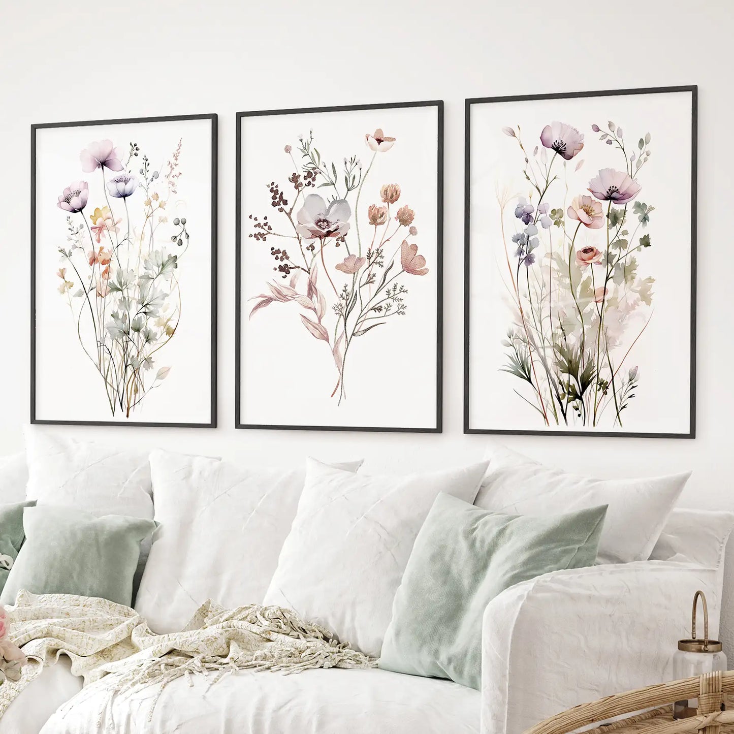 3 piece watercolor print set with pink poppies and wildflowers. Black frames for living room.