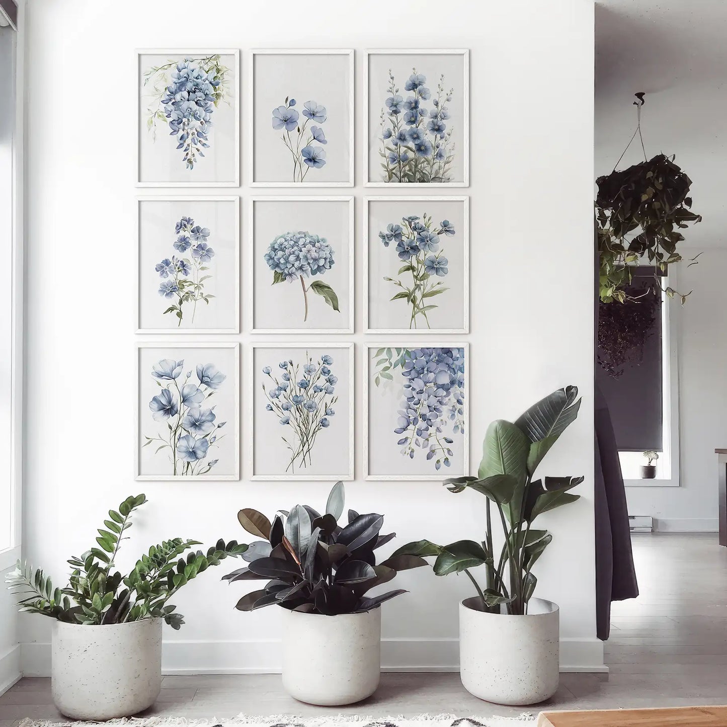 Minimalist artwork botanical fine art posters. Garden flowers summer decor. White frames for office.