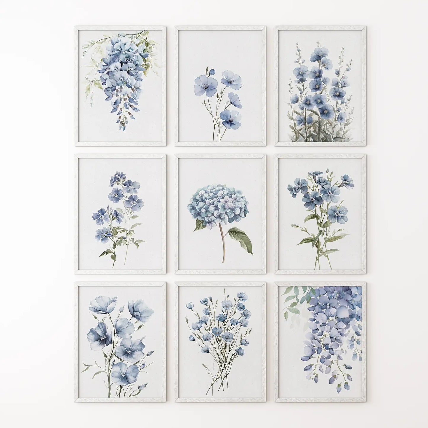 Blue flowers minimalist wall art. Botanical artwork garden flower poster. White frames for bedroom.