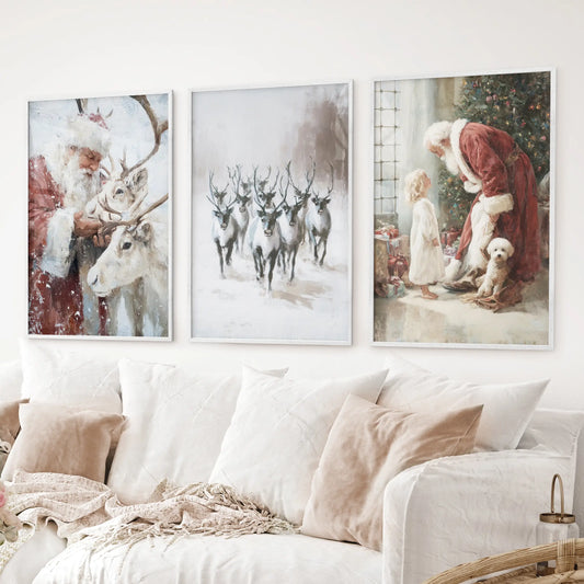 Vintage holiday prints with Santa Claus and Christmas tree. White frames for living room.