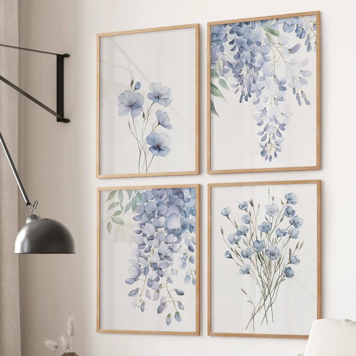 4 piece botanical print set. Modern cottagecore wall prints decor. Thinwood frames for bedroom.