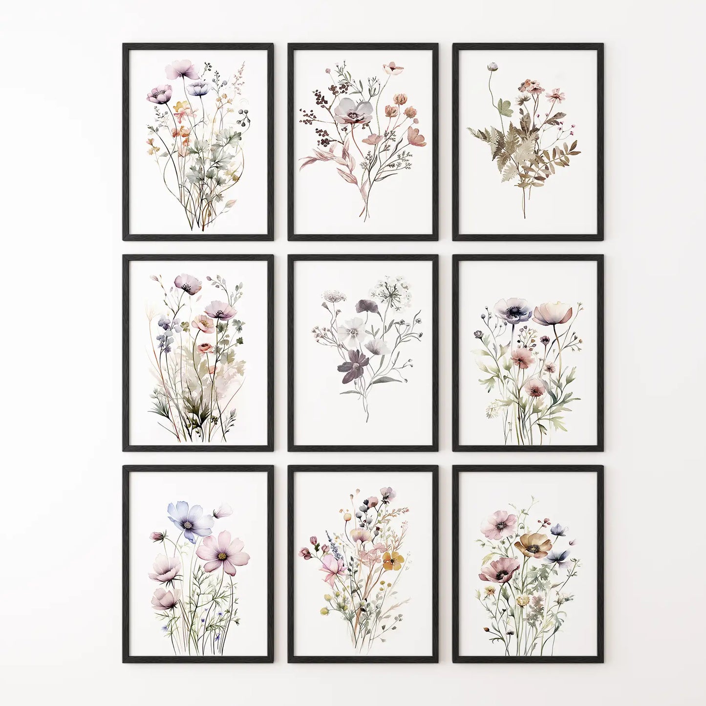 Pastel floral wall art nature inspired wall prints. Modern farmhouse floral decor. Black frames for living room.