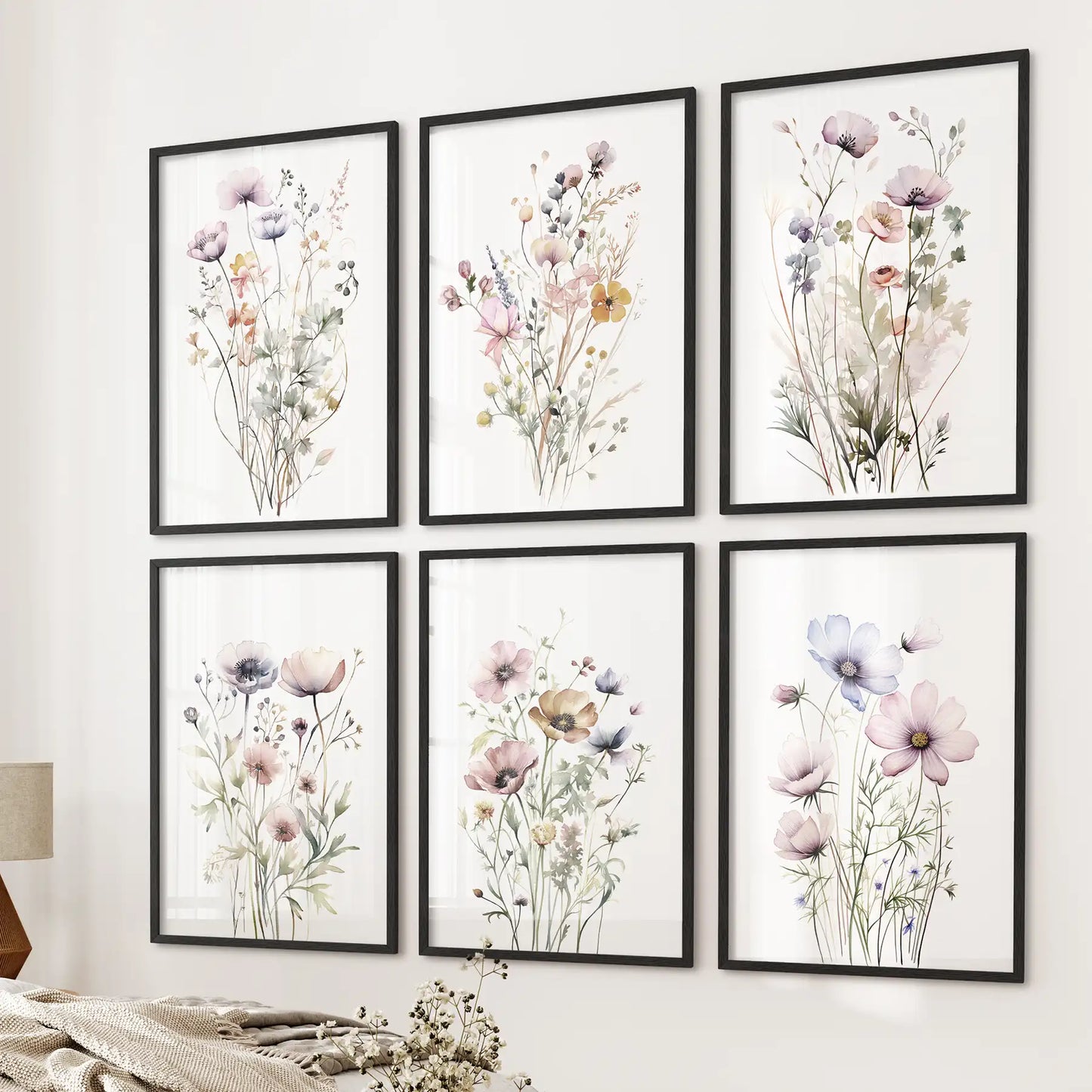 Black framed flower prints, set of 6 watercolor wildflowers for bedroom or living room