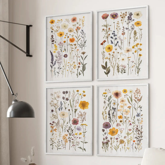 Gallery wall of watercolor wildflowers in earthy tones. Floral artwork set of 4. White frames for kitchen.