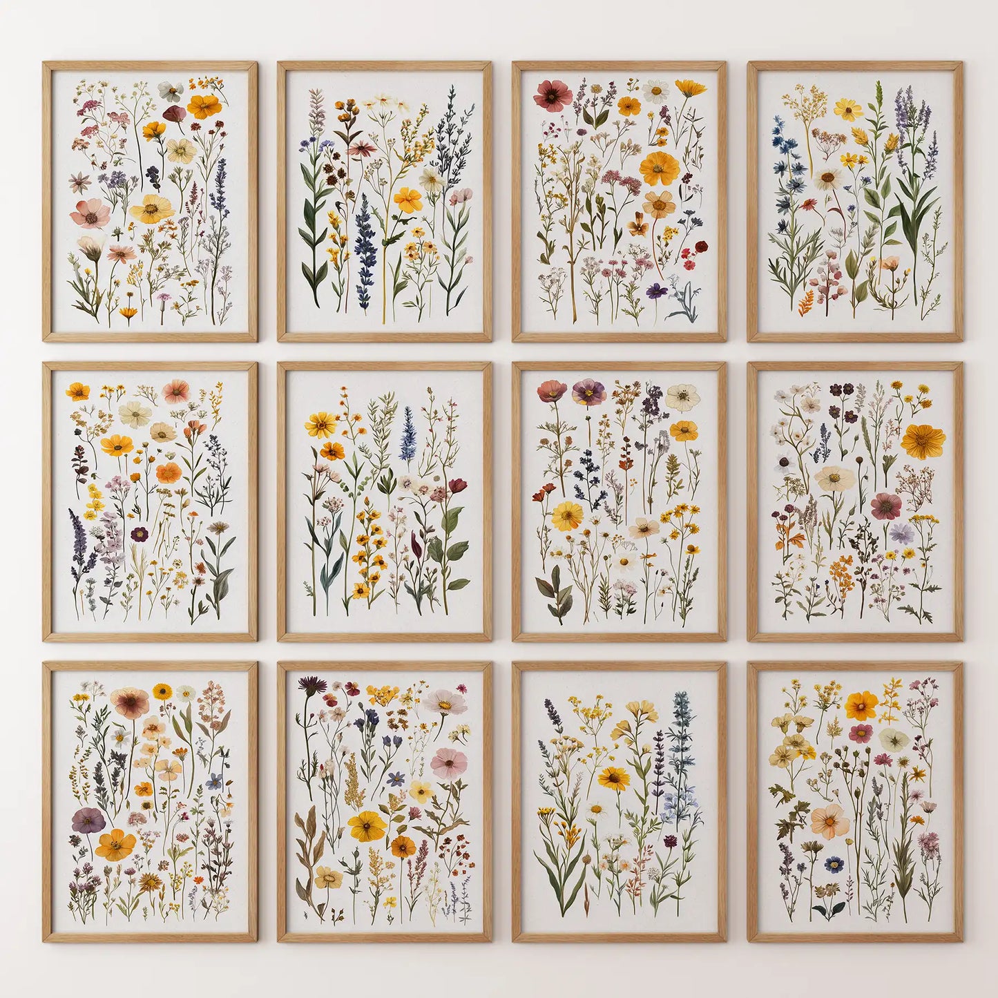 Colorful botanical wall art set of 12 floral prints with wildflowers and herbs. Thinwood frames for bedroom.