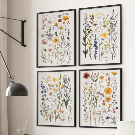 Cottagecore wildflower prints set of 4 watercolor floral artworks with poppies, daisies, and lavender. Black frames for bedroom.