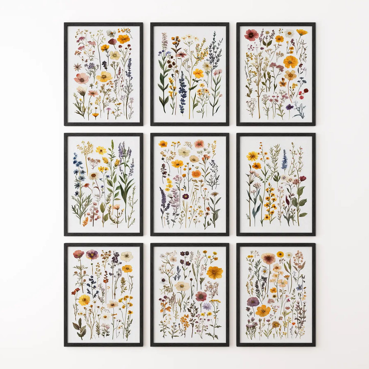 Wildflowers watercolor painting meadow art print. Rustic home decor botany wall decor. Black frames for dorm room.