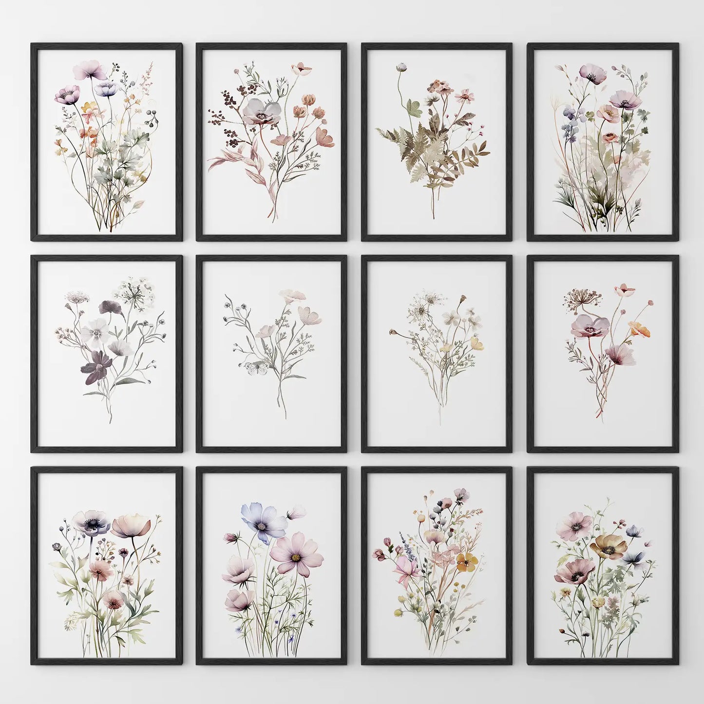 Cottagecore botanical wall art. Watercolor flower bouquet prints. Black frames for neutral room.