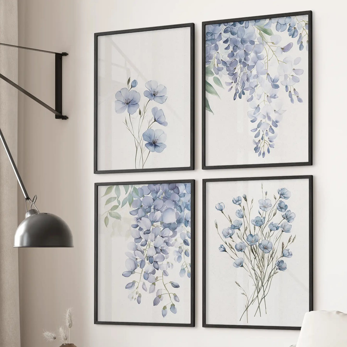 Calming flower wall decor. Minimalist watercolor poster print set of 4. Black frames for girly room.
