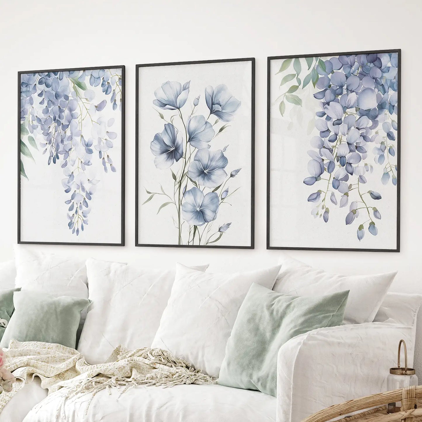 Three piece blue floral wall art set watercolor wisteria and flax flowers. Black frames for living room.