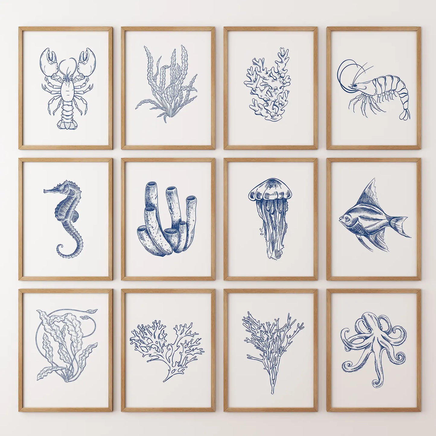 Set of 12 ocean themed prints with coral reefs and sea plants. Thinwood frames for beach house.