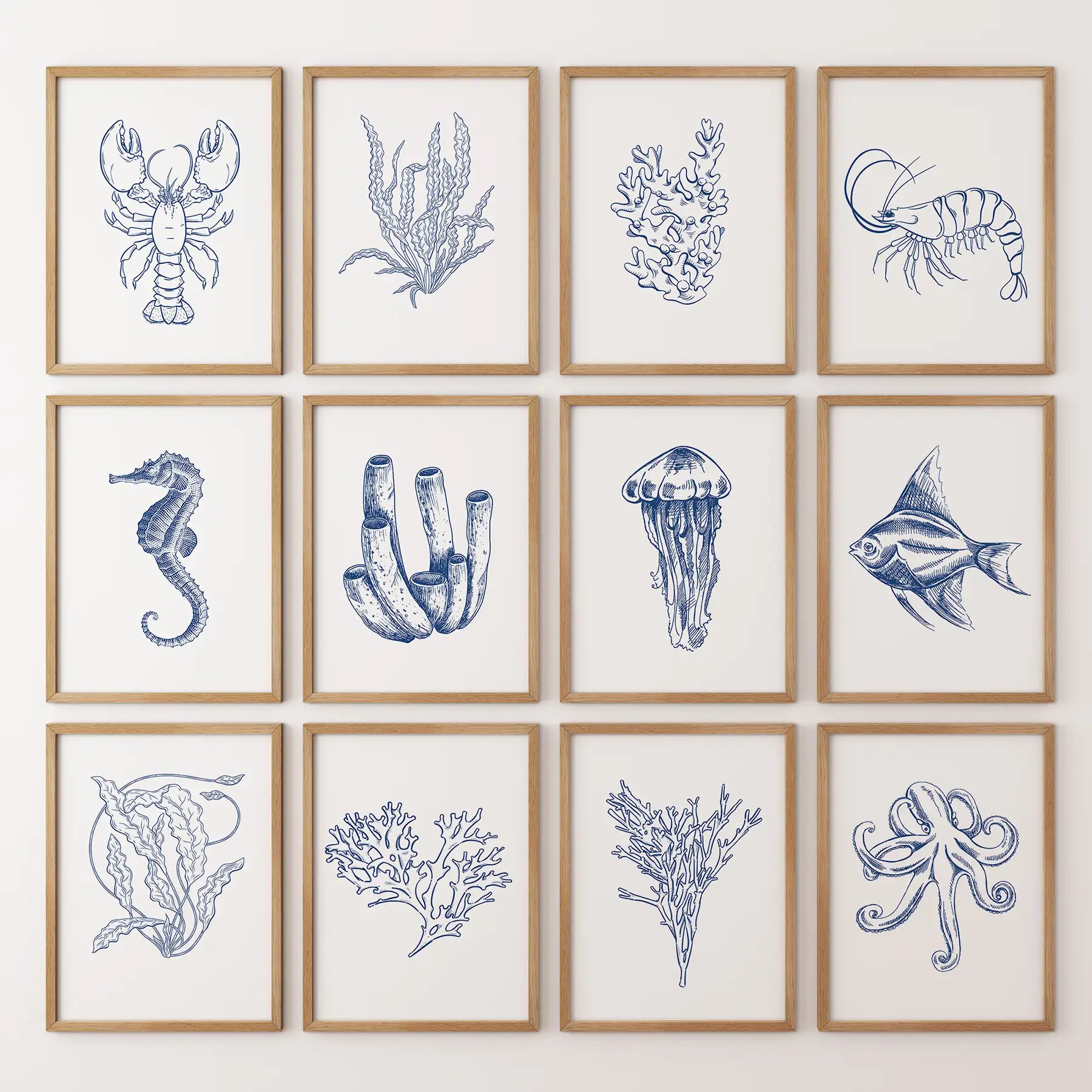 Set of 12 ocean themed prints with coral reefs and sea plants. Thinwood frames for beach house.