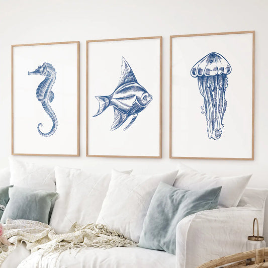 Beach house decor set of 3  prints. Fish, seahorse, jellyfish poster print wall art. Thinwood frames for living room.