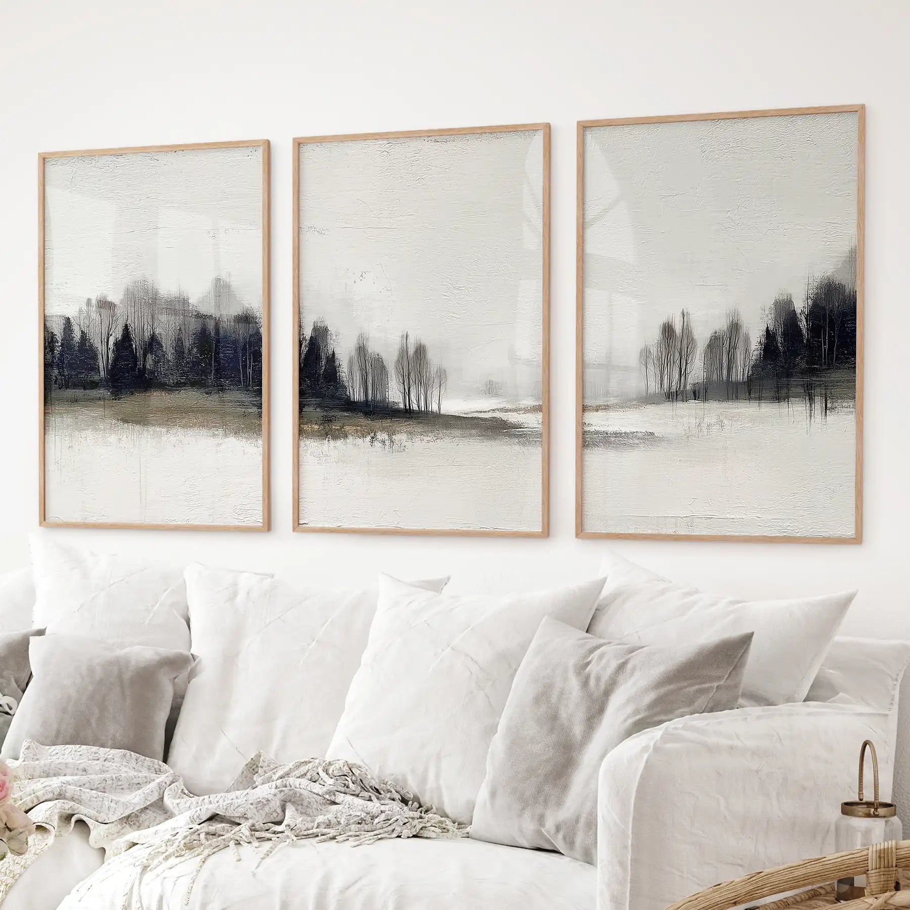 Set of 3 minimalist autumn landscape. Misty forest modern watercolor painting. Thinwood frames over the couch.