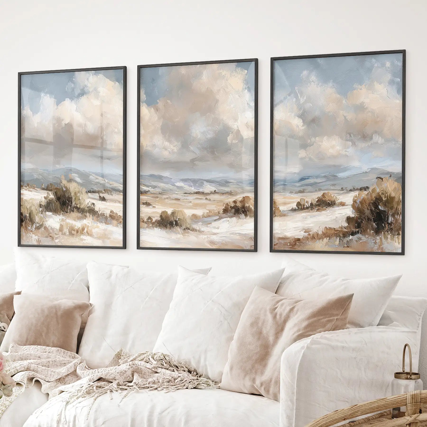 Warm toned mountain wall art 3 piece landscape set. Vintage clouds home decor. Black frames for living room.