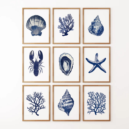 Navy blue shell, seaweed, starfish poster decor. Watercolor ocean beach house wall art. Thinwood frames for office.