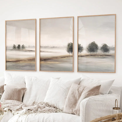 Neutral abstract watercolor prints of trees in earthy tones. Minimalist wall art. Thinwood frames for living room.