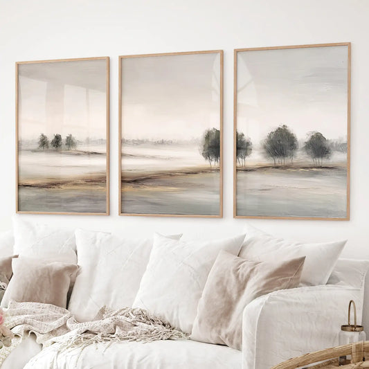 Neutral abstract watercolor prints of trees in earthy tones. Minimalist wall art. Thinwood frames for living room.