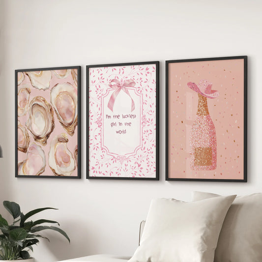Feminine Pink Art Set: Champagne, Oysters, Quote Prints
