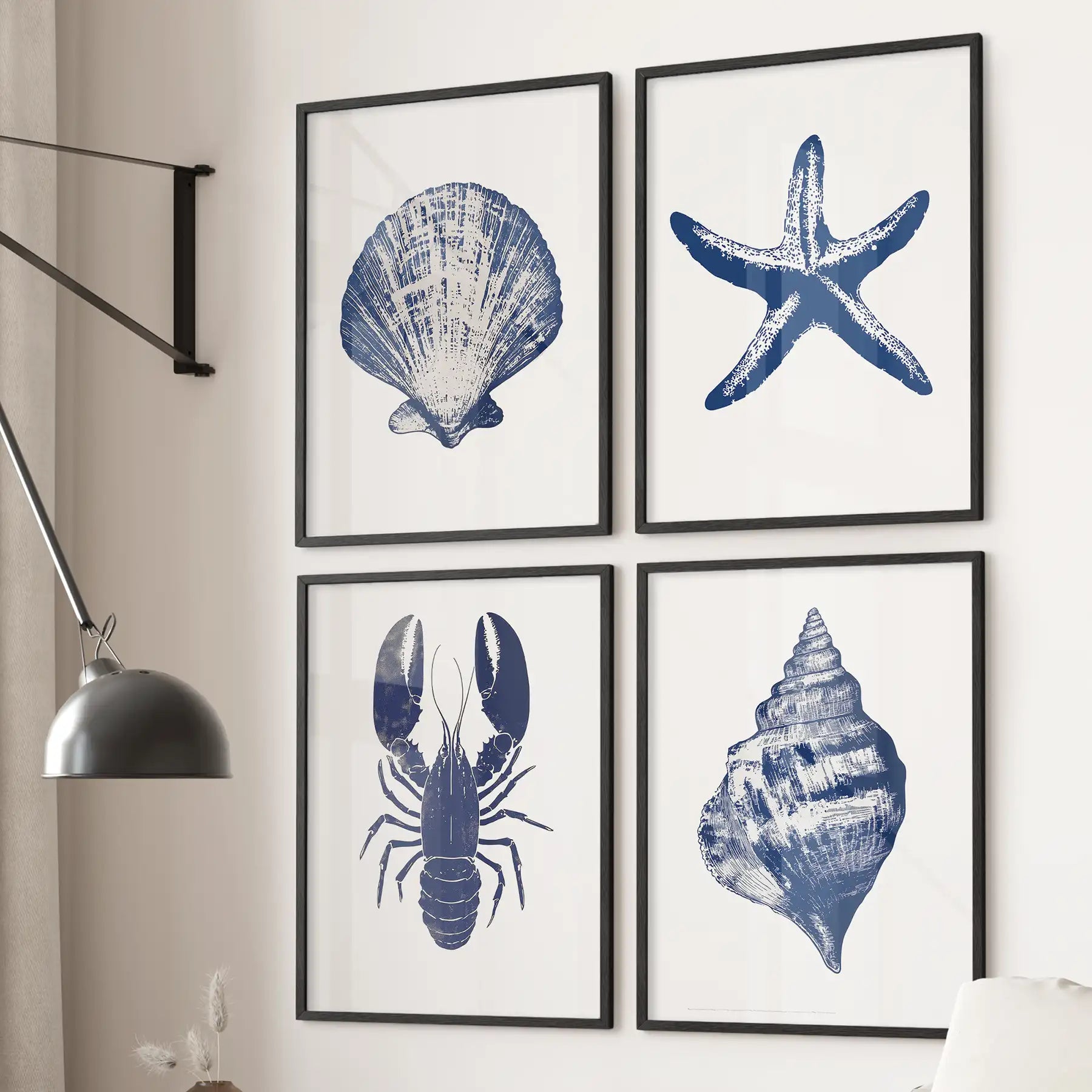Navy blue sea starfish prints. Nautical illustration wall art decor. Black frames for living room.