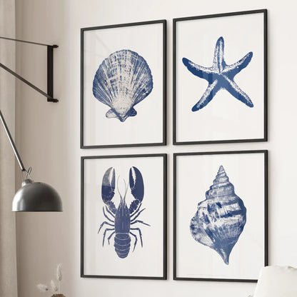 Navy blue sea starfish prints. Nautical illustration wall art decor. Black frames for living room.