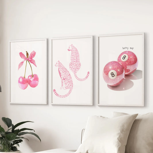 Lucky You 8-ball poster prints, three-piece wall art set, come in white frames for a fresh look above the sofa in the lounge.