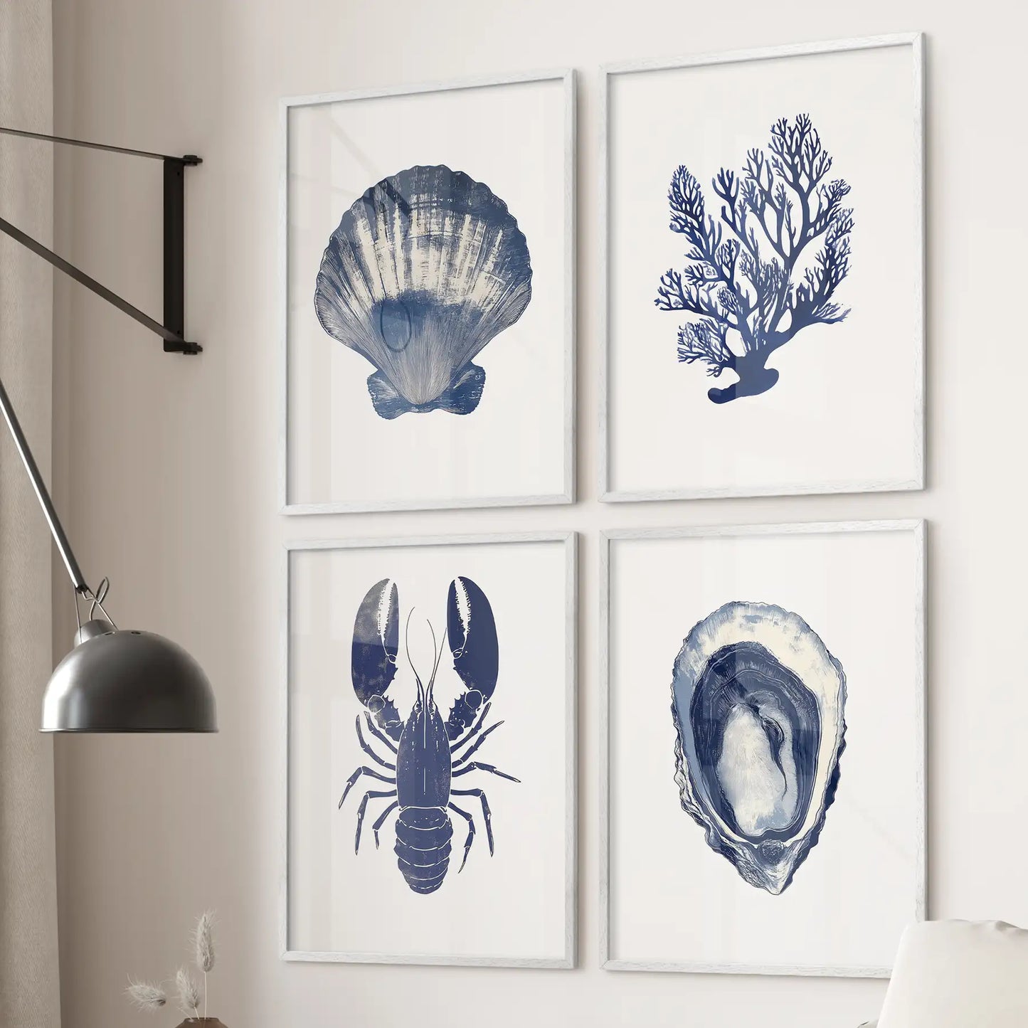 Blue ocean nautical apartment decoration. Set of 4 Marine life illustration wall art. White frames for beach house.