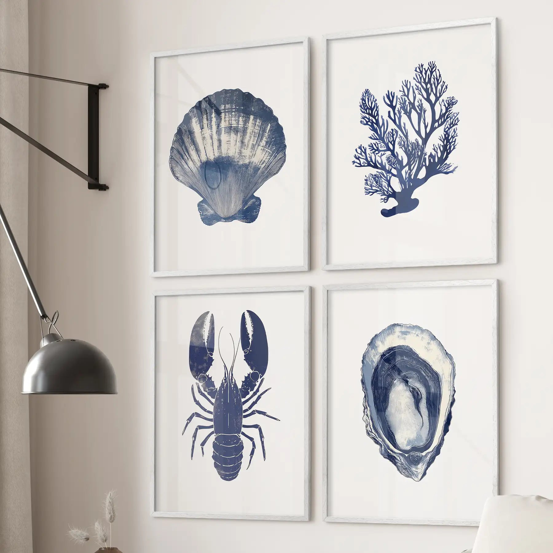 Blue ocean nautical apartment decoration. Set of 4 Marine life illustration wall art. White frames for beach house.