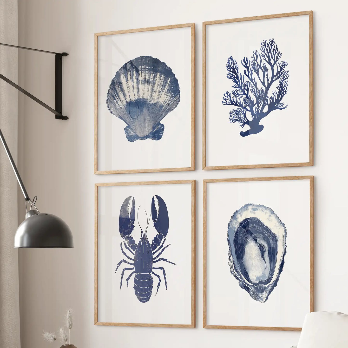 Shell, coral, lobster, and oyster set of 4 piece. Lake cabin wall decor ocean nautical posters. Thinwood frames for apartment.