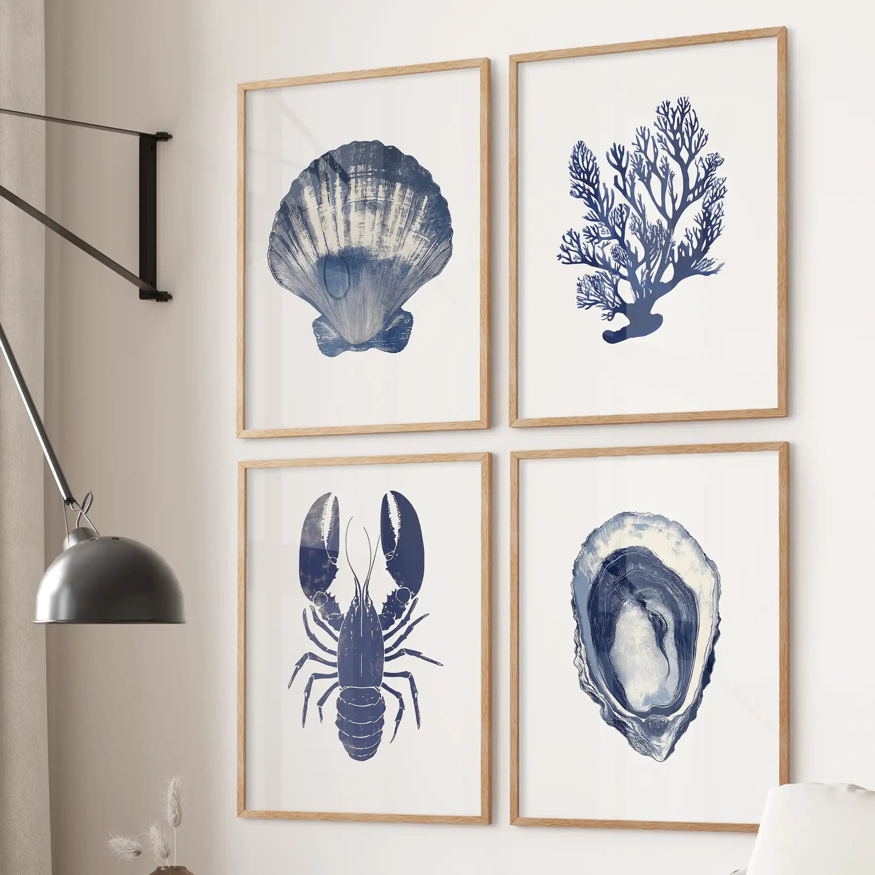 Shell, coral, lobster, and oyster set of 4 piece. Lake cabin wall decor ocean nautical posters. Thinwood frames for apartment.