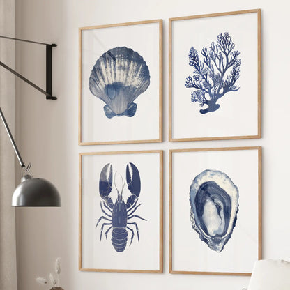 Shell, coral, lobster, and oyster set of 4 piece. Lake cabin wall decor ocean nautical posters. Thinwood frames for apartment.